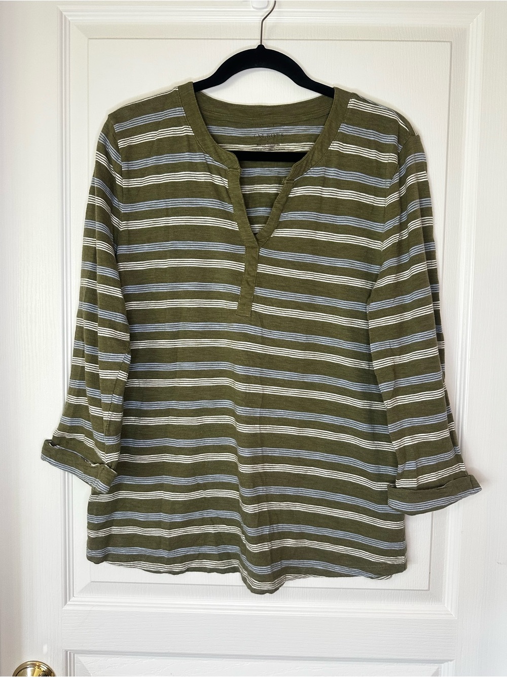 Talbots Olive Green Striped Henley Top